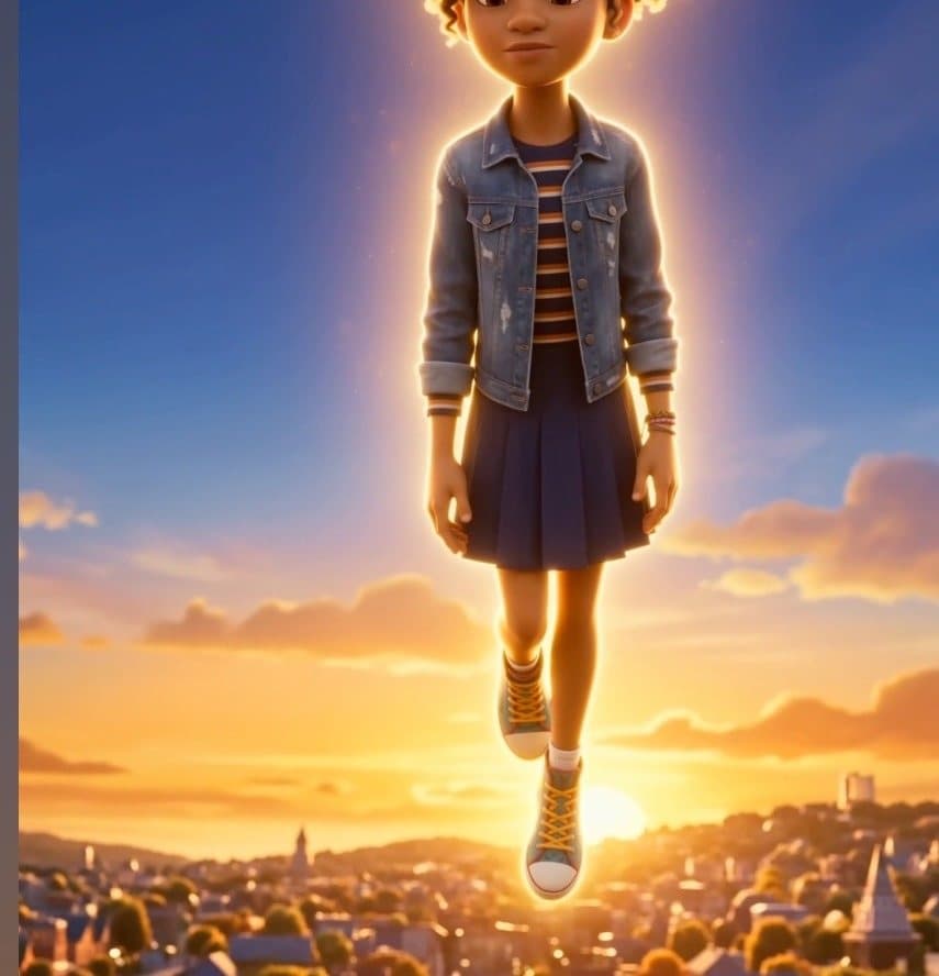 Selah Skye rising into a golden sunset sky